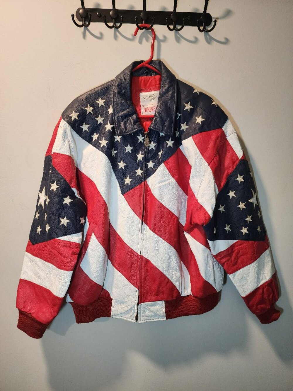 Vintage Michael Hoban WHEREMI American Flag Leather Jacket XL
